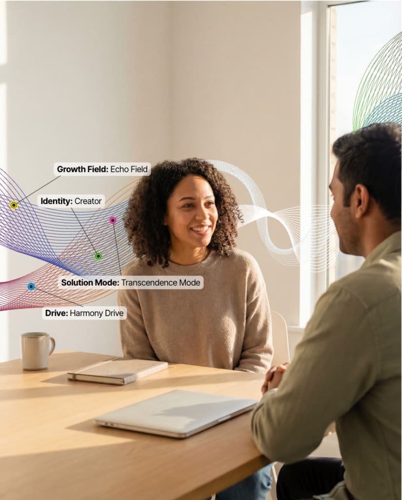 Two professionals in conversation with MindType behavioral layers visualized — growth field, identity, solution mode, and drive.