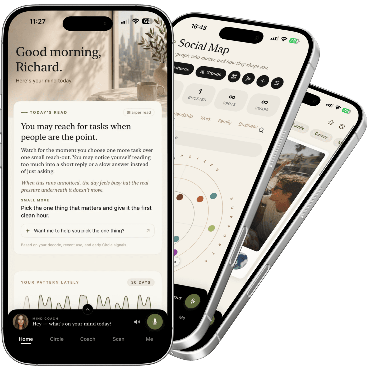 MindType on iOS — home, social map, and coach screens