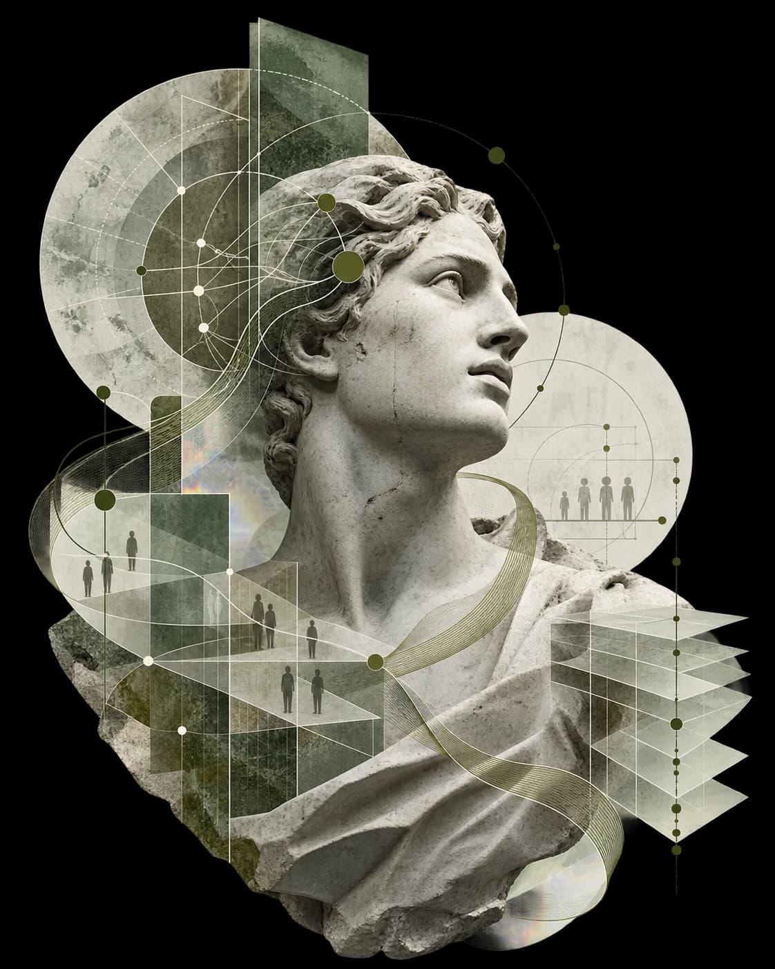 A marble bust overlaid with the organizational geometry MindType reads — orbiting arcs, connected nodes and small human figures.