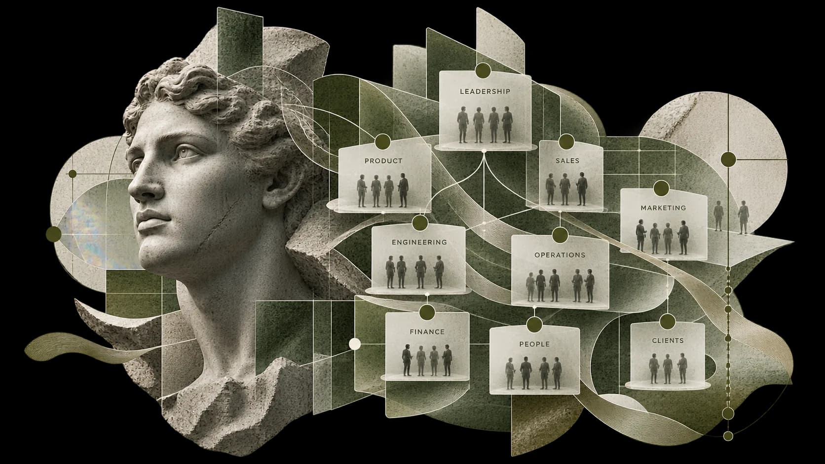 A marble bust with an entire company drawn off it — labelled panels for leadership, product, sales, marketing, engineering, operations, finance, people and clients, each holding its team and linked to the others.