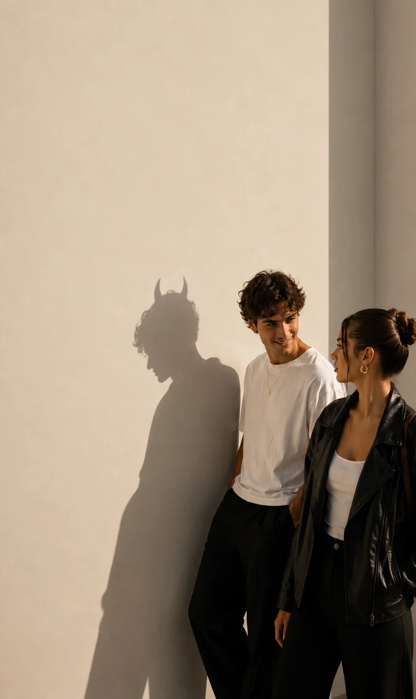 A couple against a sunlit wall; the man's cast shadow has devil horns.