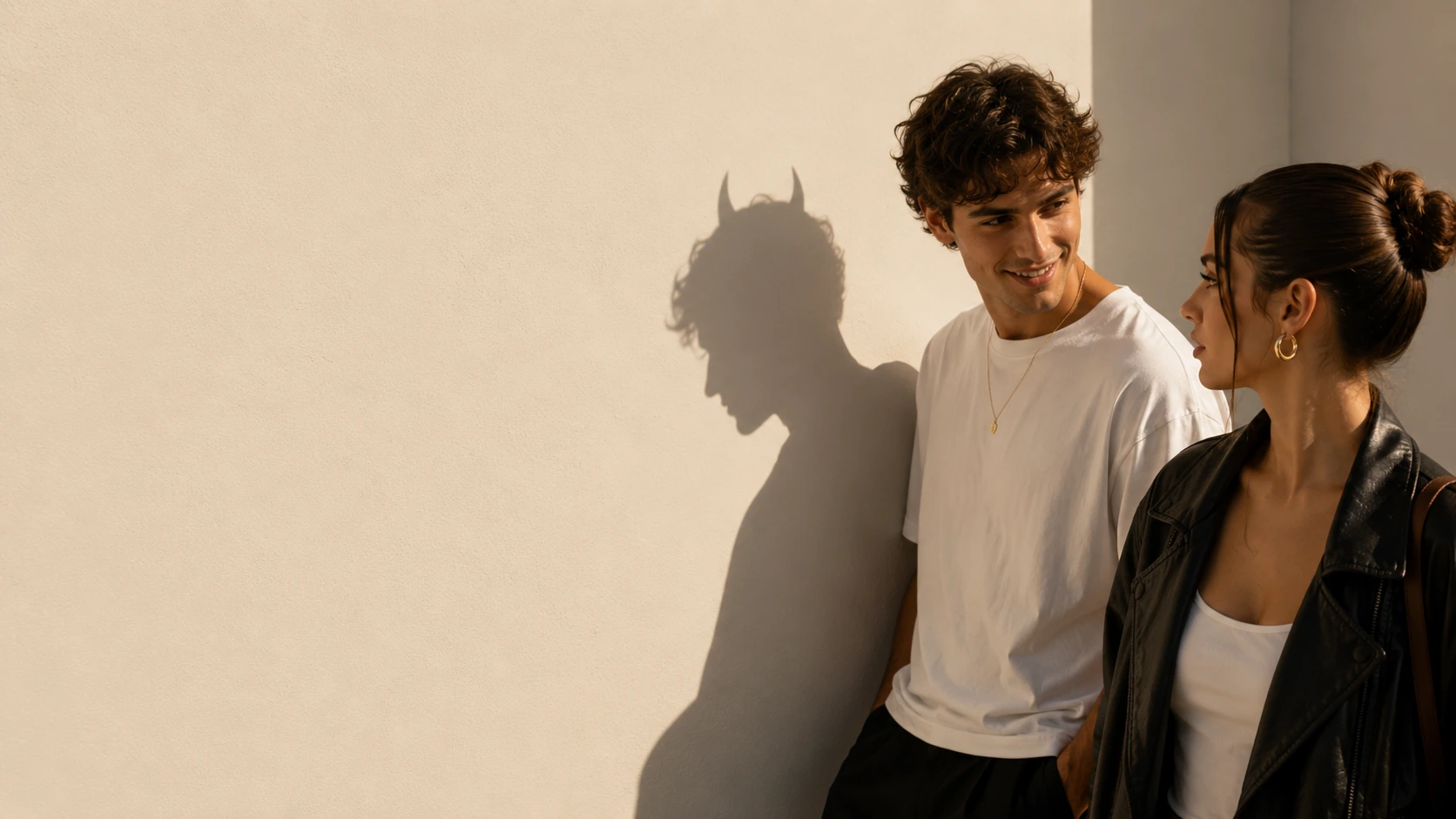 A smiling man leaning on a sunlit wall beside a woman; his cast shadow has devil horns.