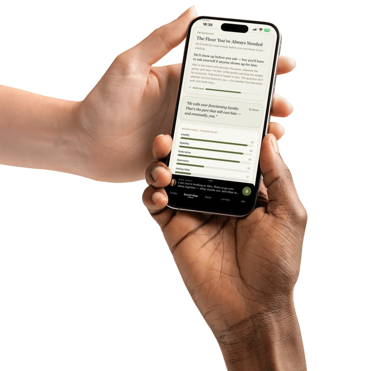 Two hands — one dark, one light — holding a phone showing a MindType decode.