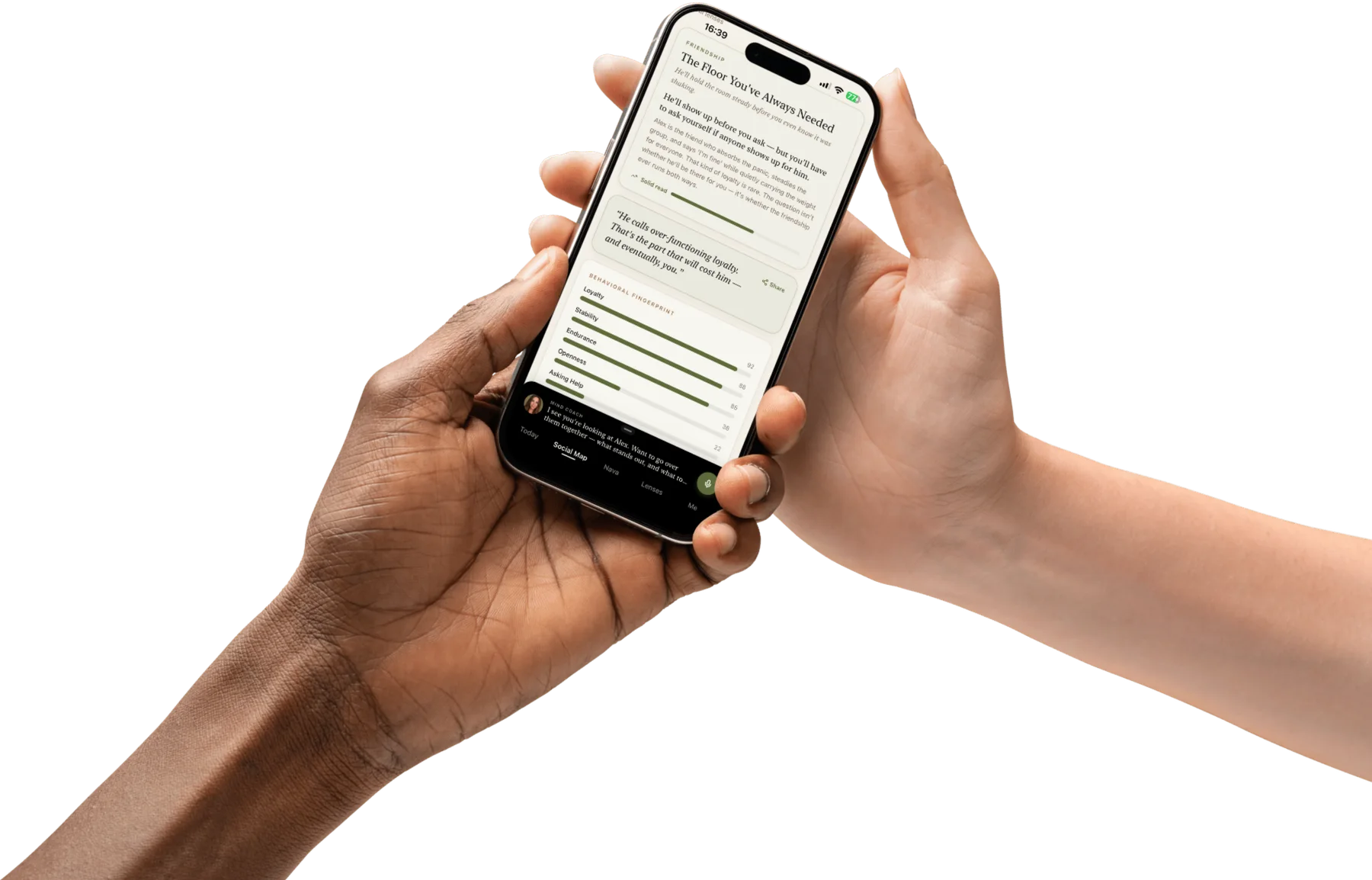 Two hands — one dark, one light — holding a phone showing a MindType decode.