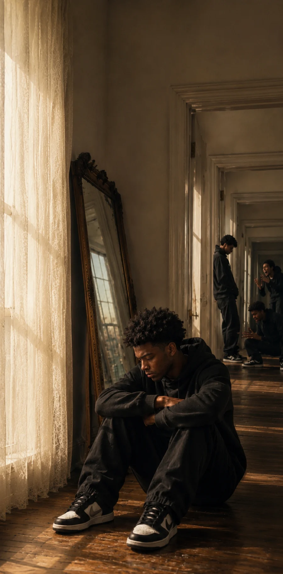 A young man sitting alone by a sunlit window over the city, lost in thought.