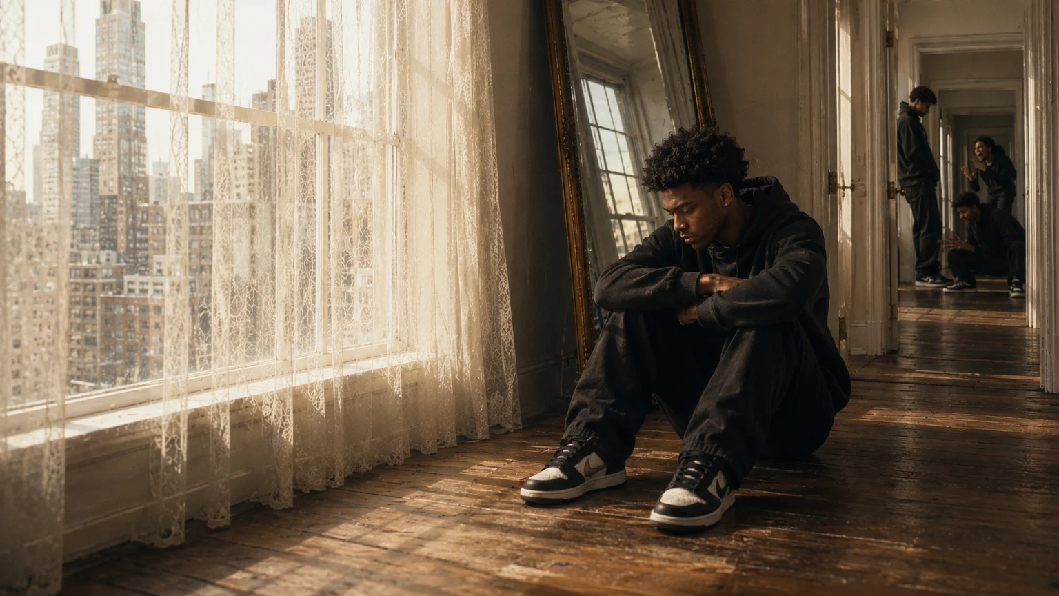 A young man sitting alone by a sunlit window over the city, lost in thought.