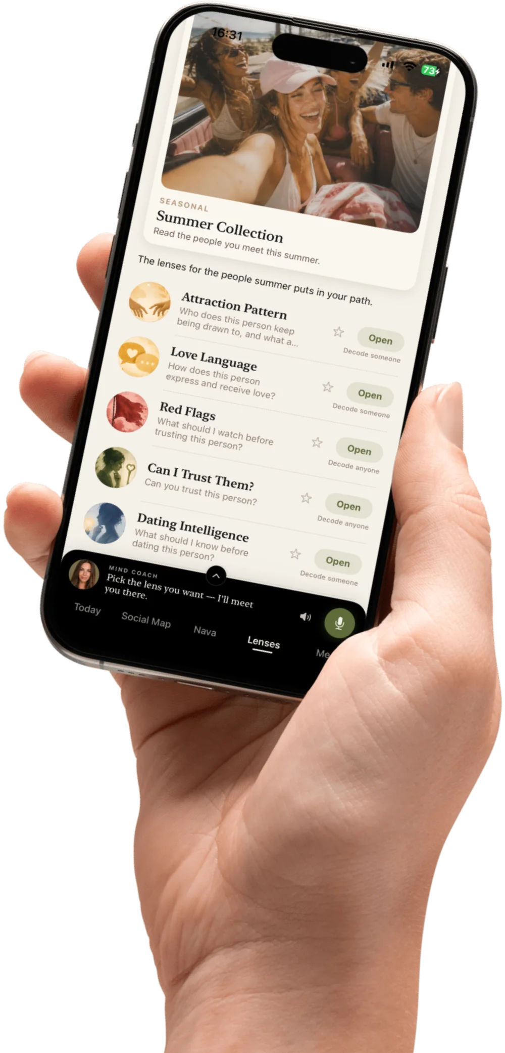A hand holding a phone, swiping through MindType decode cards.