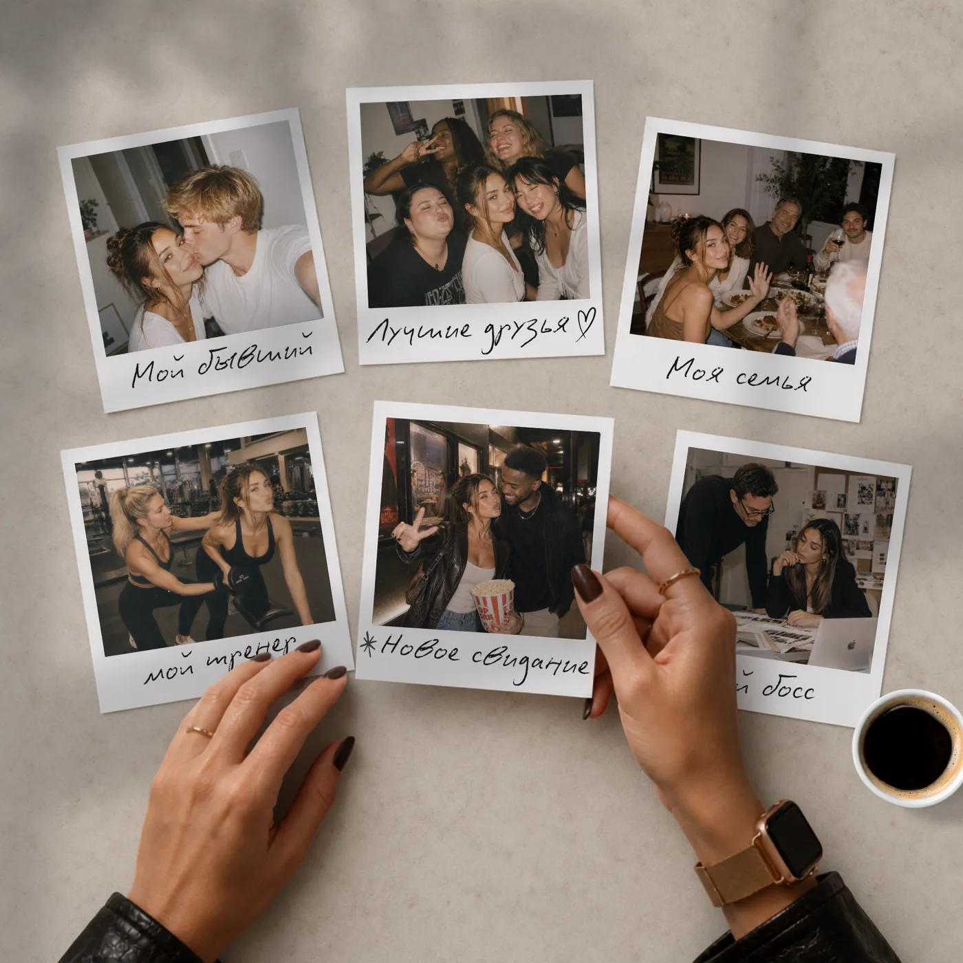 Polaroid photos of the people in someone's life — an ex, best friends, family, a trainer, a new date, a boss — laid out on a table.