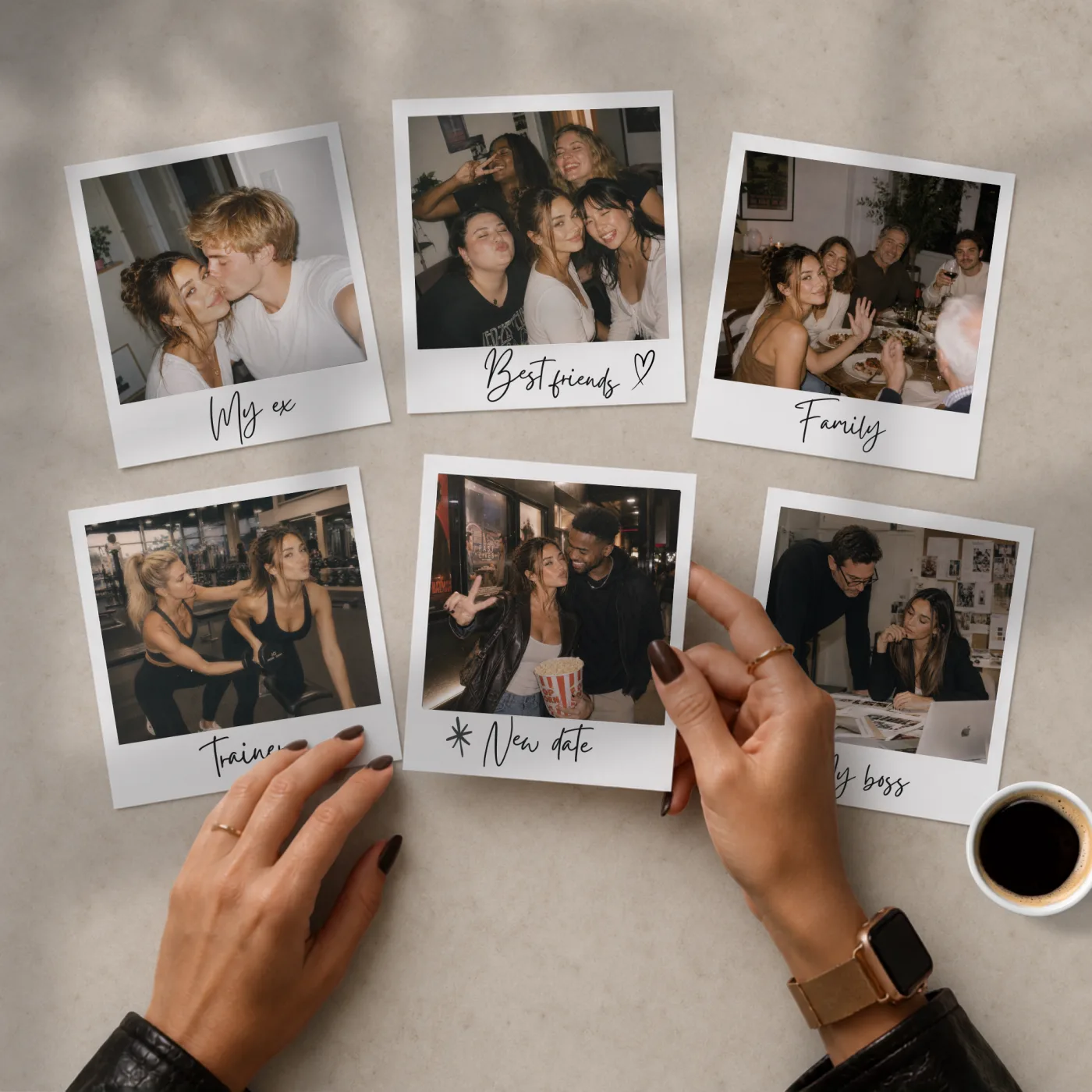 Polaroid photos of the people in someone's life — an ex, best friends, family, a trainer, a new date, a boss — laid out on a table.
